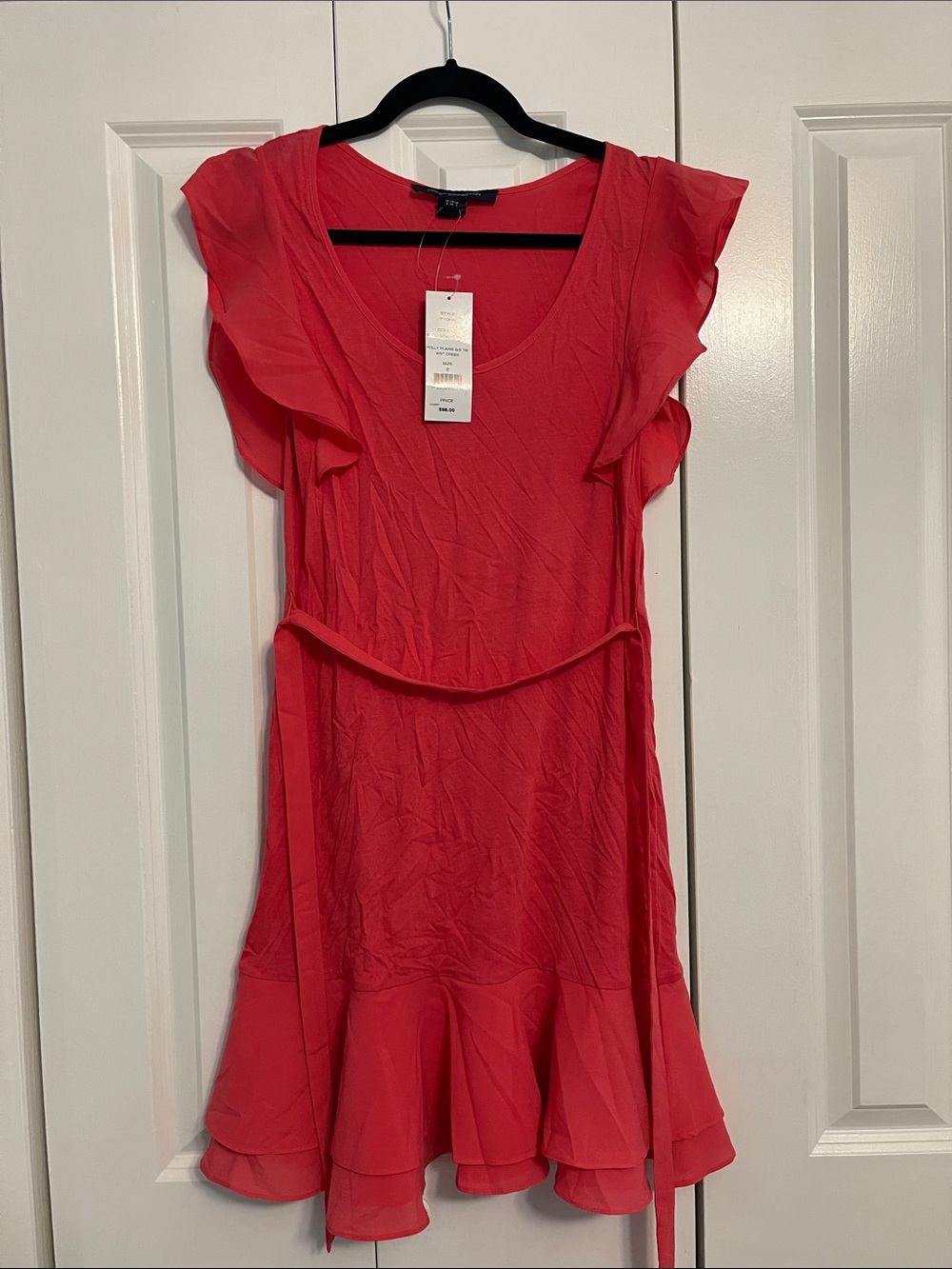 NWT French ConnectionWomen's Pink Ruffle Sleeve Tie-Waist Dress